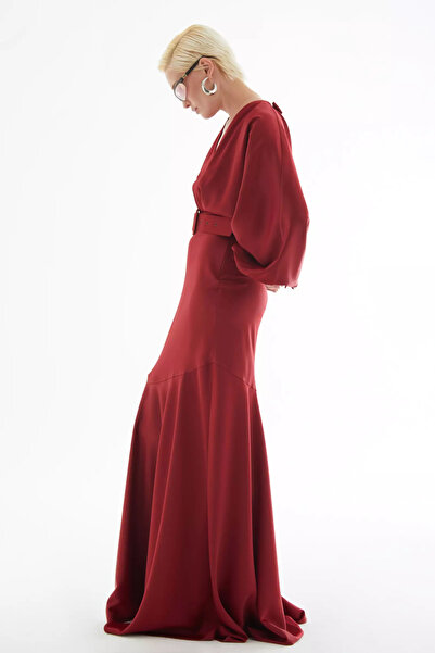 Keikei Bordo saten uzun kol uzun elbise