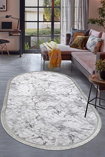 Dijidekor Halı Gri Cool Karo Yıkanabilir Saçaklı Oval Kesme Ince Yolluk Kilim...
