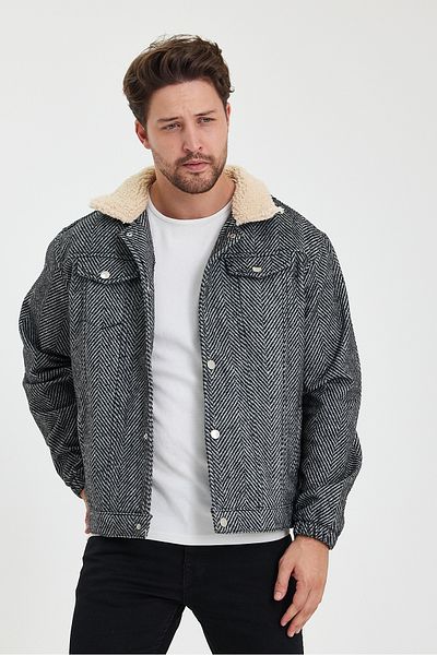 allymoda Мъжко кашмирено яке с плюшена яка и шарка - ALLY-028