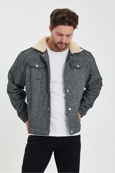 allymoda Мъжко кашмирено яке с плюшена яка и шарка - ALLY-028