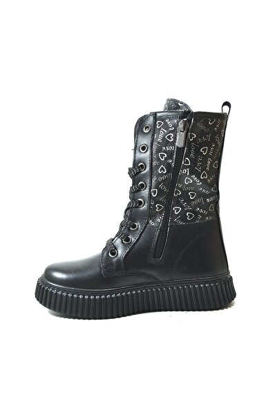 Onlo Ayakkabı OP.9026 Hakiki Deri Siyah Kürklü Fermuarlı Uzun Kız Çocuk Postal Bot