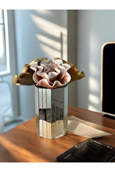 BeQ Home Vază octogonală cu oglindă 20 cm- Vază cu dungi verticale cu oglindă...