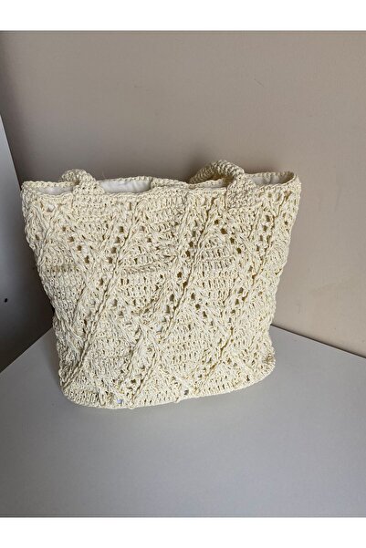 PETİSTANBUL Handmade, El Örgüsü Kağıt Ip Krem Renk Omuz Çantası