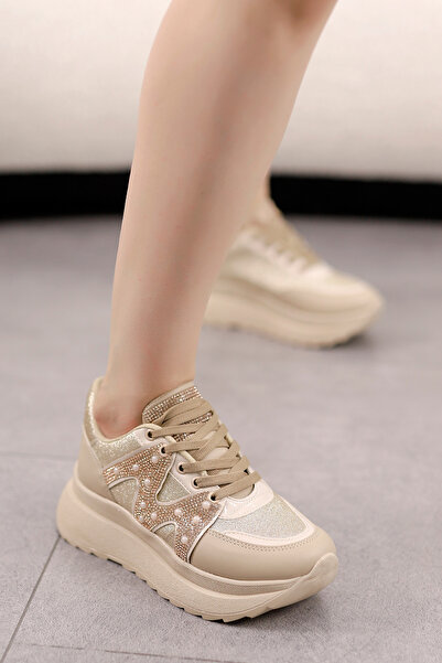 kajal ayakkabı MDLN 155 Boncuk Detaylı Simli Spor Ayakkabı