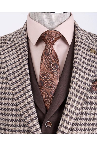 TerziAdemAltun Men's Slim Fit Italian Style Combination - Jacket, Vest and Trousers Set Brown T13077