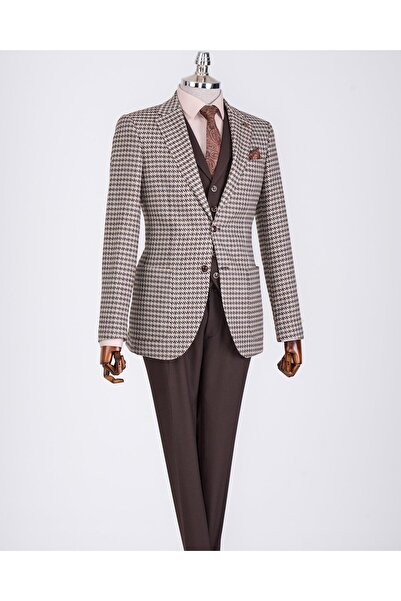 TerziAdemAltun İtalyan stil slim fit erkek kombin ceket yelek pantolon takım elbise kahverengi T13077