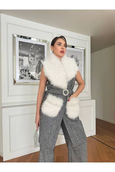 1Moda1Tarz Women's White Imported Fabric Pocket and Collar Stone Fur Detailed Belted Lined Special Design Bottom-Top Set