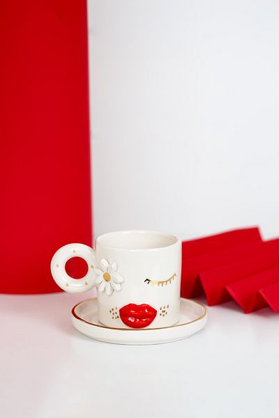 SİNEM YAMAN HOME Lippen Handmade Ceramic Cup / Handmade Lip Daisy Ceramic Cup