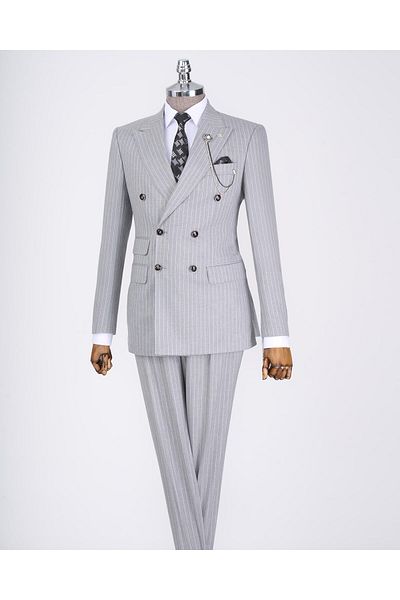 TerziAdemAltun Gray Italian Style Slim Fit Striped Double Breasted Jacket and Pants Set - T13066
