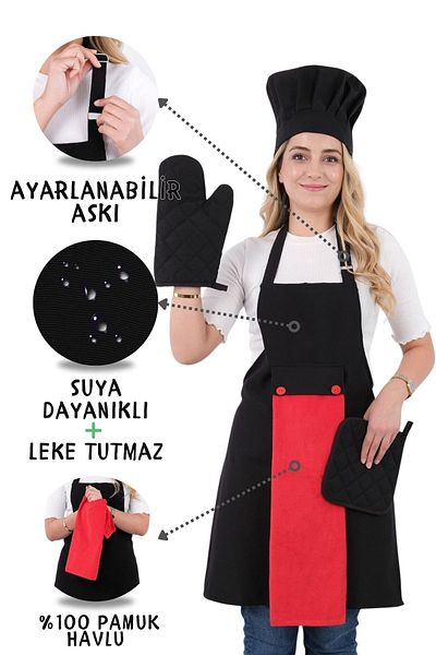 sevilya 5-Piece Kitchen Apron Set with Star Adjustment Hanger (Towel Apron with Adjustment Hanger, Head Cap, Gloves, Handle)