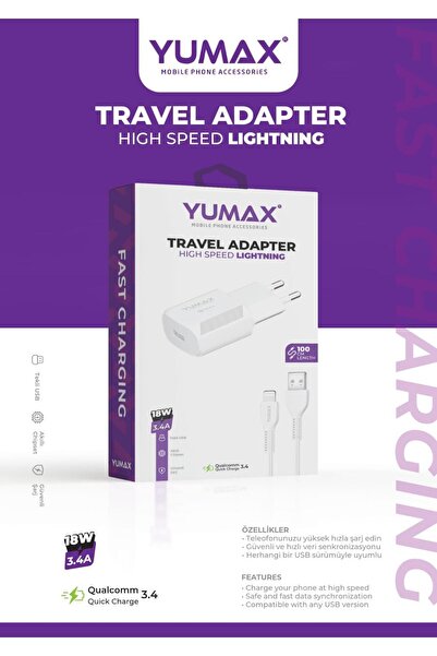 yumax 18W 3.4A Lightning & USB Hızlı Şarj Adaptörü + 100cm Kablo | iPhone & Android Uyumlu