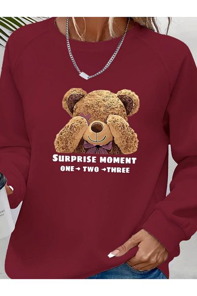 Bay Şapkacı Silky Women's Long Sleeve Crew Neck Teddy Bear Patterned Viscose Two Thread Blouse