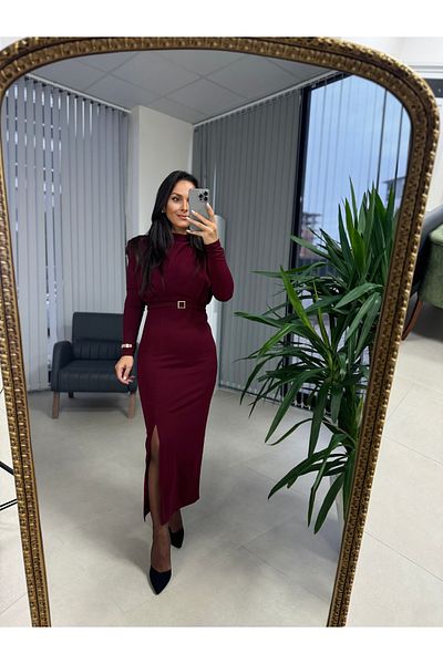 caddstore Rochie creion bordeaux cu cataramă pătrată aurie