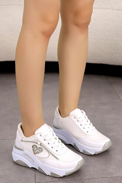 kajal ayakkabı DNR 007 Yüksek Tabanlı Kalp Detay Taşlı Spor Ayakkabı