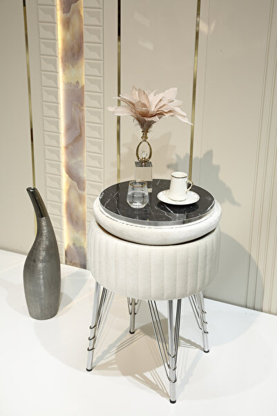 Sare Home Bianco Metal Ayaklı Sehpalı Puf Krom Kırık Beyaz (CHROME OF WHİTE)