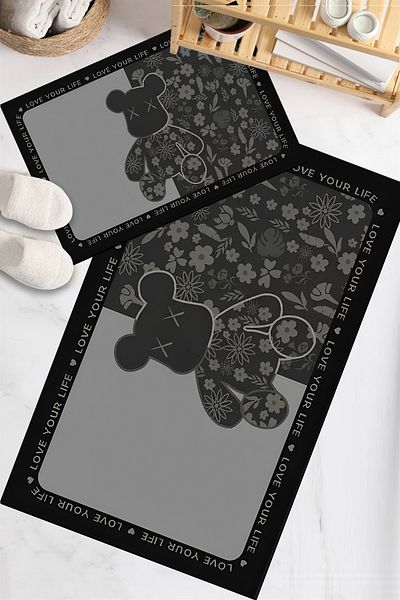 Else Dekor Patterned Printed Water Absorbent Washable Non-Slip Base 2-Piece Bathroom Rug Mat Toilet Seat Set