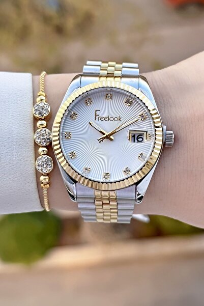 Freelook Sarı Beyaz Renk 24 Ay Garantili 5 ATM Kadın Kol Saati ve Bileklik