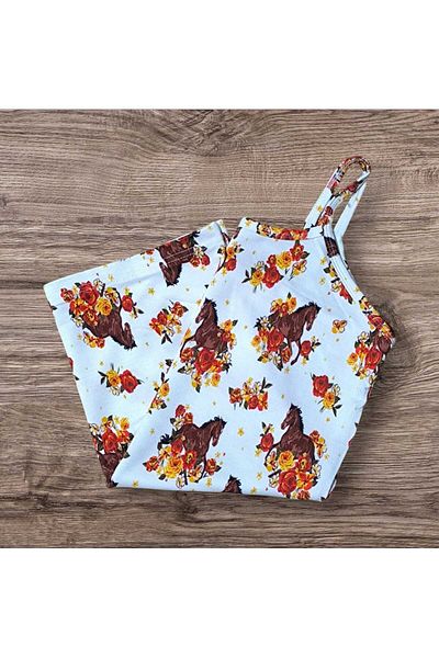 ESTA STORE White Horse and Flower Print Rope Suspender Undershirt