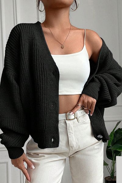 H&E LUXURY DESIGN Cardigan negru cu textura moale pentru femei