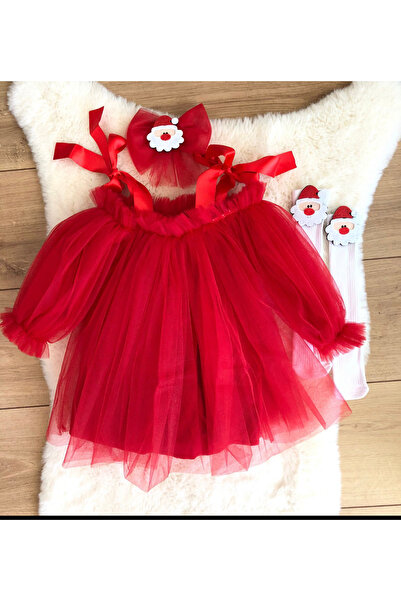 Kokosh kidss Kız çocuk noel yeni yıl kırmızı elbise toka ve çorap seti