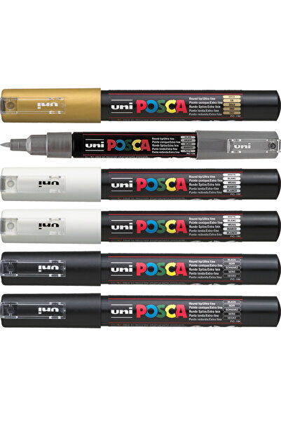 Uni Posca 6'lı PC 1M Siyah-Gümüş-Altın- Beyaz