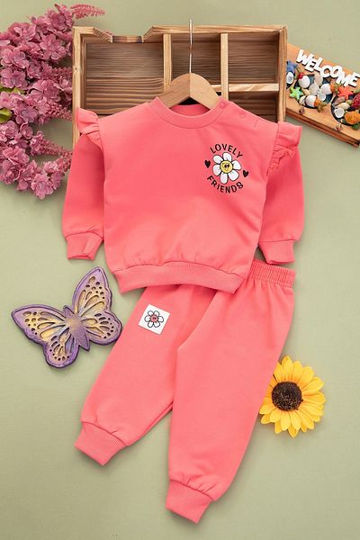 VEGAMOD Papaya Colorful Sirt Printed Fleece Double Suit for Baby Girl - 6-9-12-18-24 Months