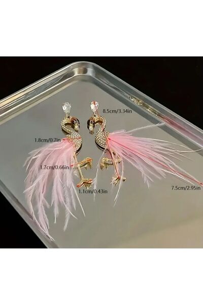 Dgt Luxury Flamingo Tüy Detaylı Gözalıcı Küpe, Kulak İğnesi 925 Ayar Gümüş