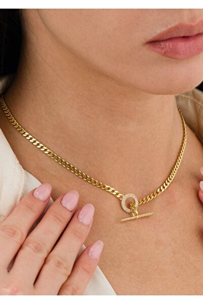 Ricco Jewellery 14 K Gold Kaplama 925 Ayar Gümüş Choker Gurmet Zincir • T Bar Kolye • 42 Cm