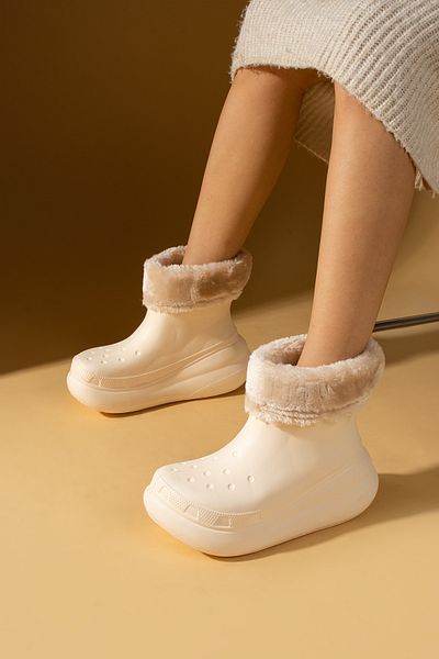 Pembe Potin Γυναικείες μπότες βροχής New Season Cream Comfortable Fit Αδιάβροχες γούνινες μπότες