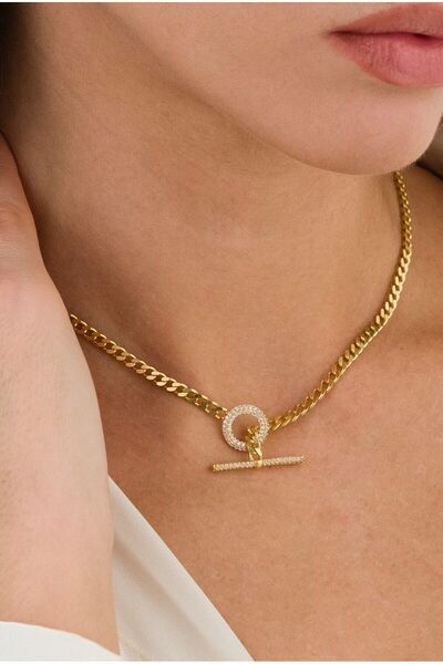 Ricco Jewellery 14 K Gold Kaplama 925 Ayar Gümüş Choker Gurmet Zincir • T Bar Kolye • 42 Cm