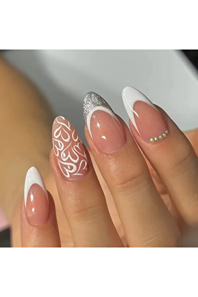 NAİL ART 24 Parça Badem Şeklinde French Beyaz Kenarlı Kalpli Takma Tırnak Seti
