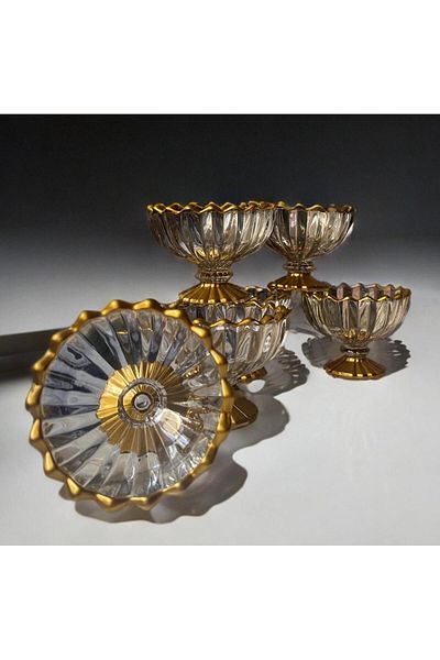 Zeryas Home 6 Pieces Coffee Colored Serving Bowl and Turkish Delight Snack Bowl - Gold