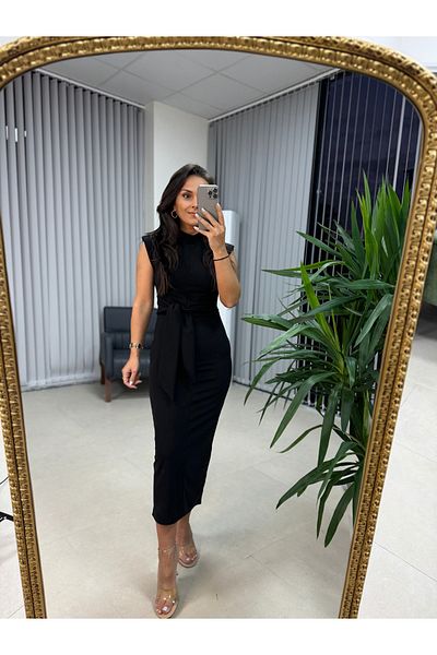 caddstore Μαύρο φόρεμα με κορδόνια με επένδυση ώμου