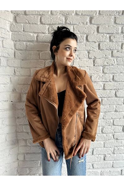 moneta boutique Дамско велурено палто със заек с колан отвън