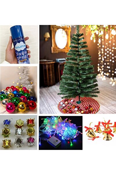 BellaSima Yılbaşı Ağacı 150 cm + 12 Süs Topu + 9 Çan + 9 Davul + 1 Kar Spreyi...