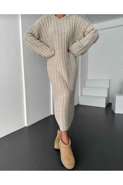 KNİTİCAL TEKSTİL Rochie lungă de tricotaj cu model tricot cu decolteu
