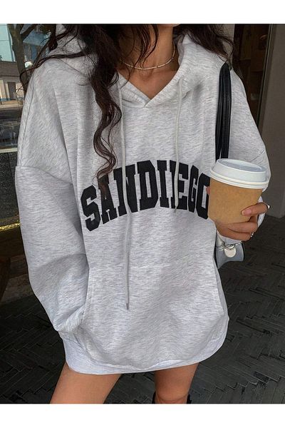 over head oh Women's Gray Sandiego Printed 3 Thread Oversized Hoodie Sweatshirt