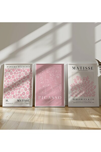 Home (ÇERÇEVESİZ) 3'lü Set Allık Pembesi Matisse Baskısı Poster, Bohem Duvar Dekoru, Matisse