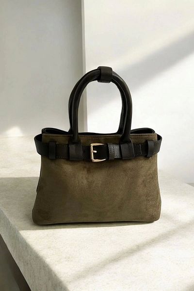Glemix Aurora Khaki Women's Suede Handbag and Shoulder Bag with Belt Detail