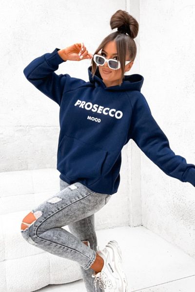 over head oh Navy Blue Prosecco Printed Women's Oversize Hoodie - 3 Thread Sweatshirt