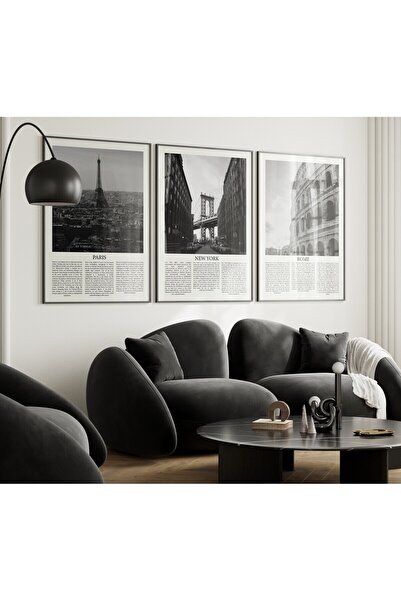 Home New york, Roma, Paris Şehir Siyah Beyaz Çerçevesiz Poster Seti, 3'lü Ev Dekoru,