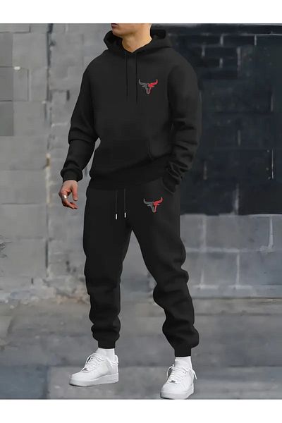 Elfa Tekstil Unisex Bull Printed Hooded Oversize Tracksuit Set