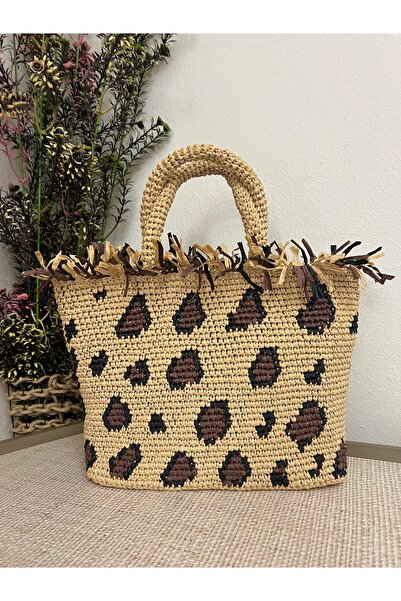 YELİZ HANDMADE El örgüsü kâğıt ip hasır leopar desenli çanta