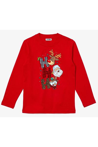 Efendioğlu Design Long Sleeve Hohoho Printed New Year Children's Cotton T-Shirt