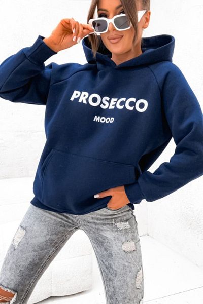 over head oh Navy Blue Prosecco Printed Women's Oversize Hoodie - 3 Thread Sweatshirt
