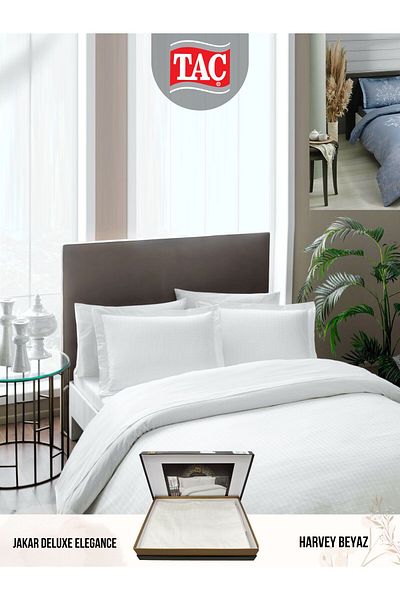 Taç Harvey White Jacquard Deluxe Satin Double Duvet Cover Set