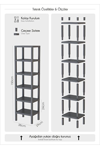 Mutfak Köşesi Shelf 6 Katlı Düzenleyici Plastik Raf Ünitesi Siyah, Kitaplık, Banyo, Mutfak Rafı