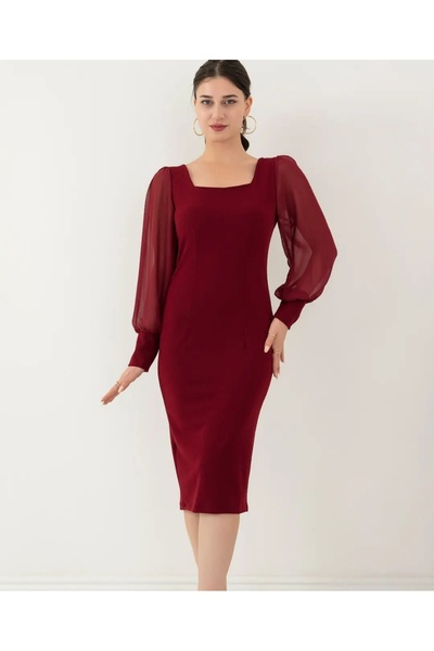 ZY BUTİK Burgundy Square Neck Chiffon Long Sleeve Lycra Pencil Dress