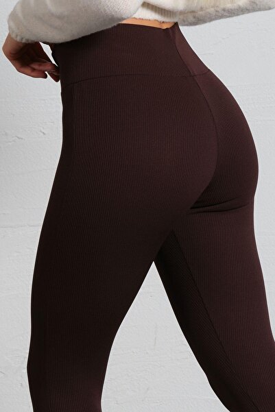 Domoda Dámské pletené legíny s vysokým pasem, žebrovaným, elastickým pasem s elastickým interlockem