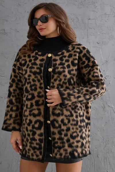 JANSO GROUP Cardigan de damă cu decolteu rotund maro cu imprimeu leopard din lână